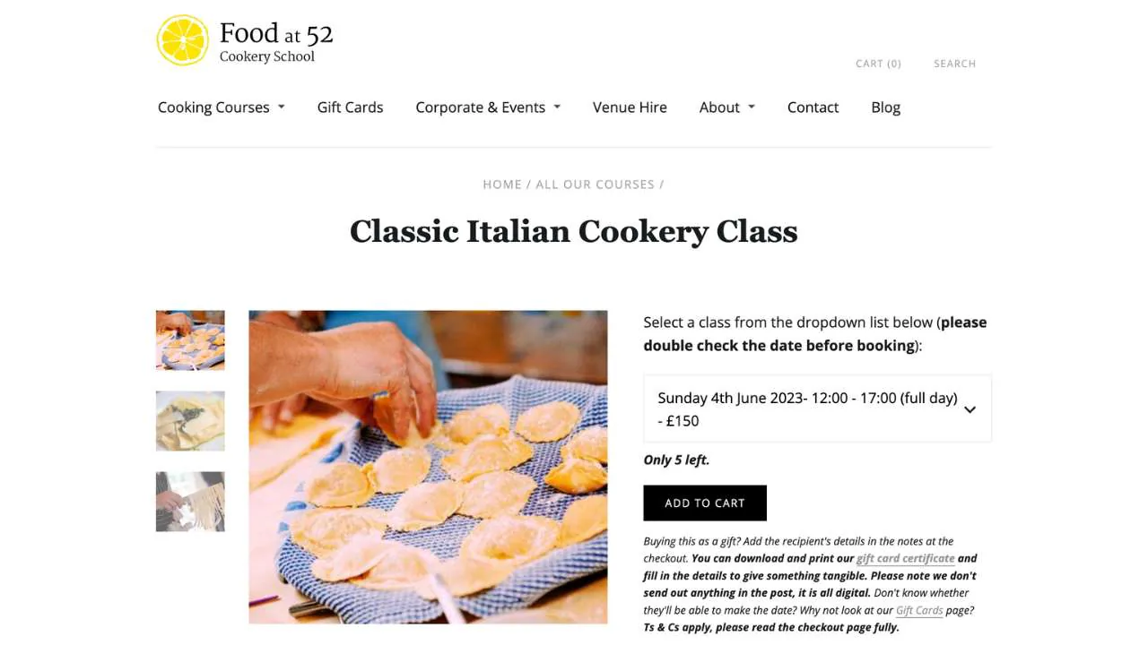 Food at 52 cookery school classic italian cookery class