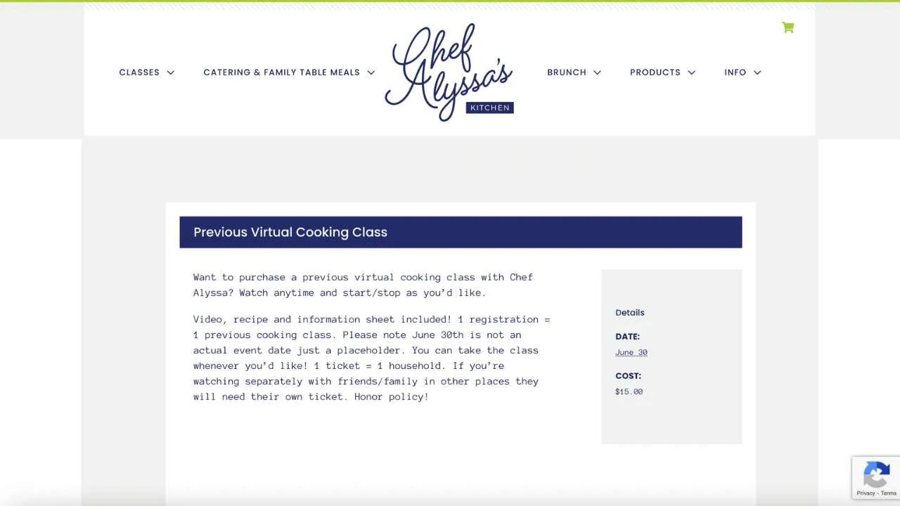 Prerecorded online cooking classes of Chef Alyssa