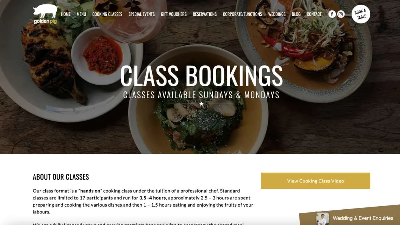 Golden Pig's Class booking page - 1280x720