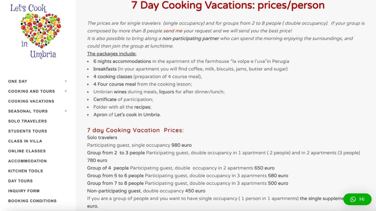 Details of the 7 day cooking vacation by Let's Cook in Umbria
