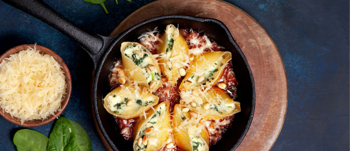 Spinach stuffed shells Recipe Feature Image - 1390x600