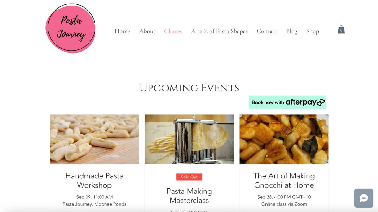 Upcoming events page on Pasta Journey - 1280x720
