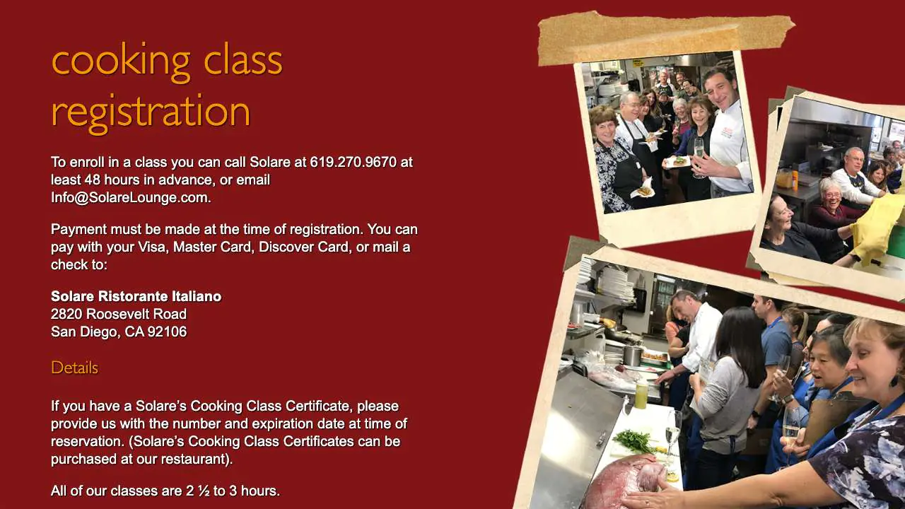 Solare Lounge's Cooking classes registration section - 1280x720